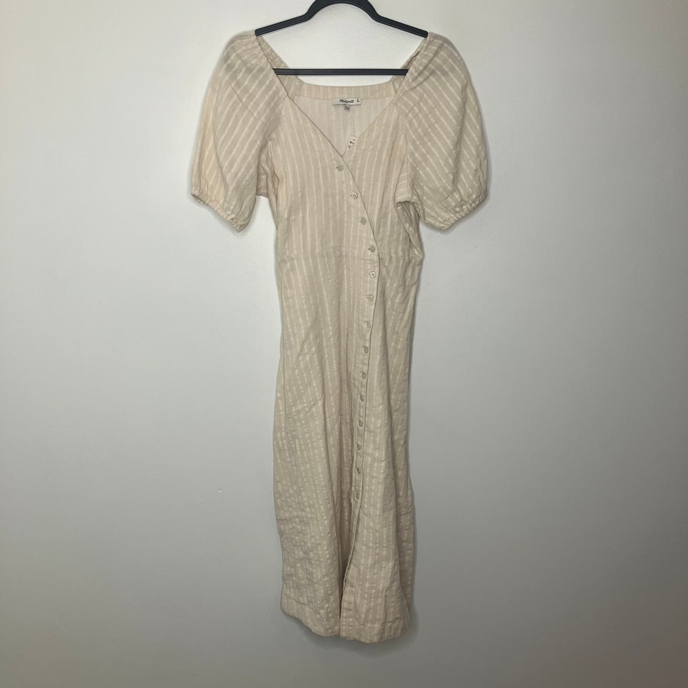 NWT MADEWELL Puff Sleeve Button Wrap Midi Dress Undyed Stripe 2